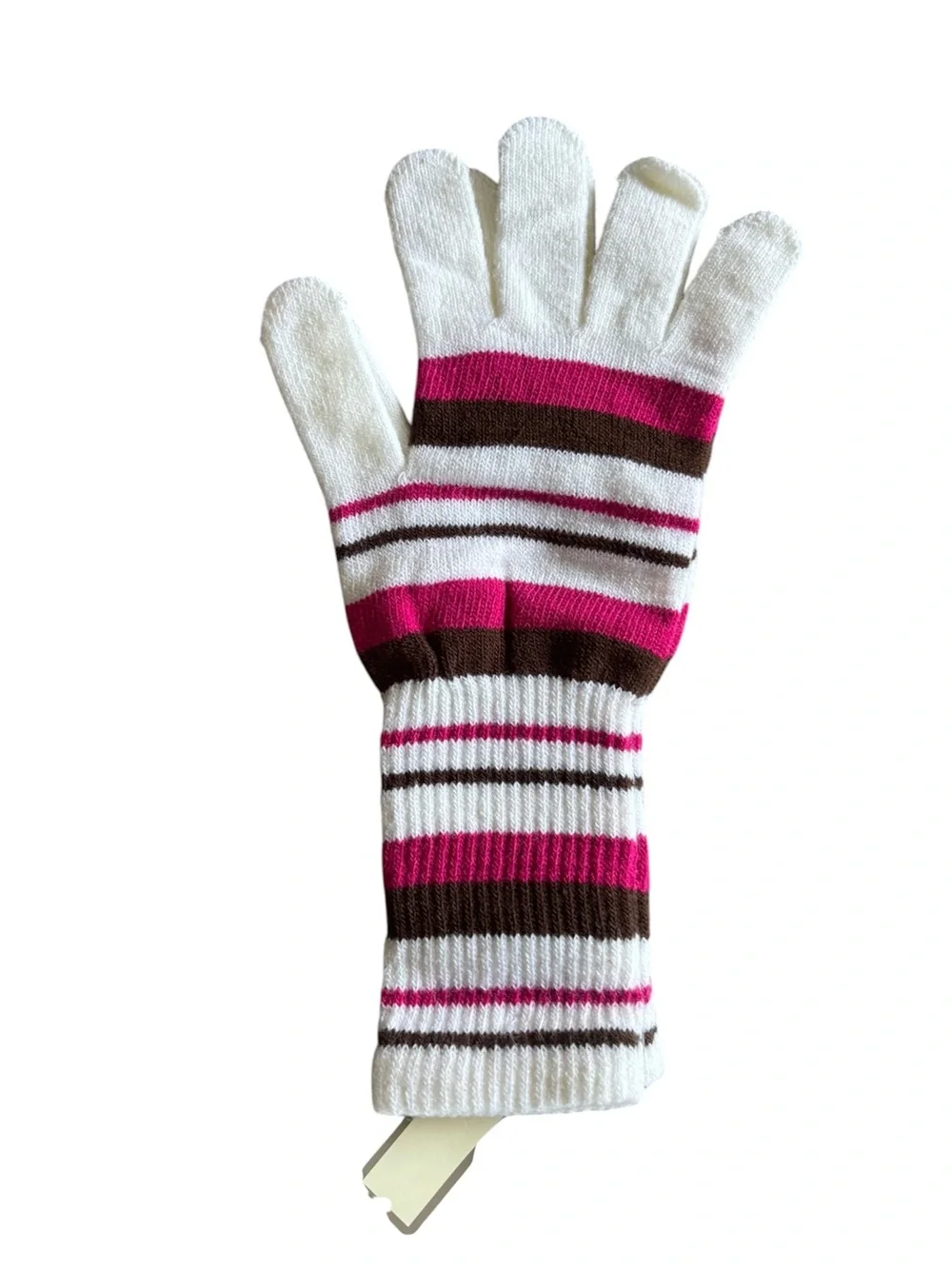 New Women’s Striped Beanie and Gloves Set - White, Pink & Brown